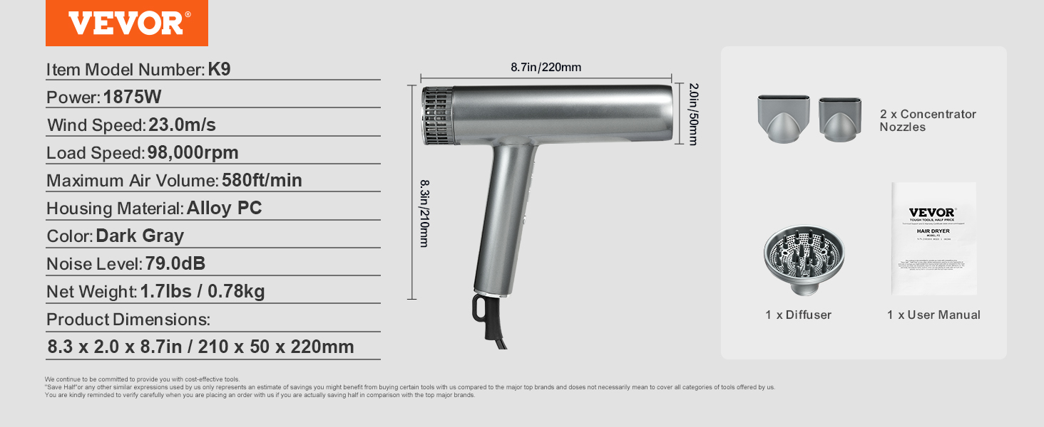 Professional Hair Dryer, Negative Ions, Adjustable Temperature