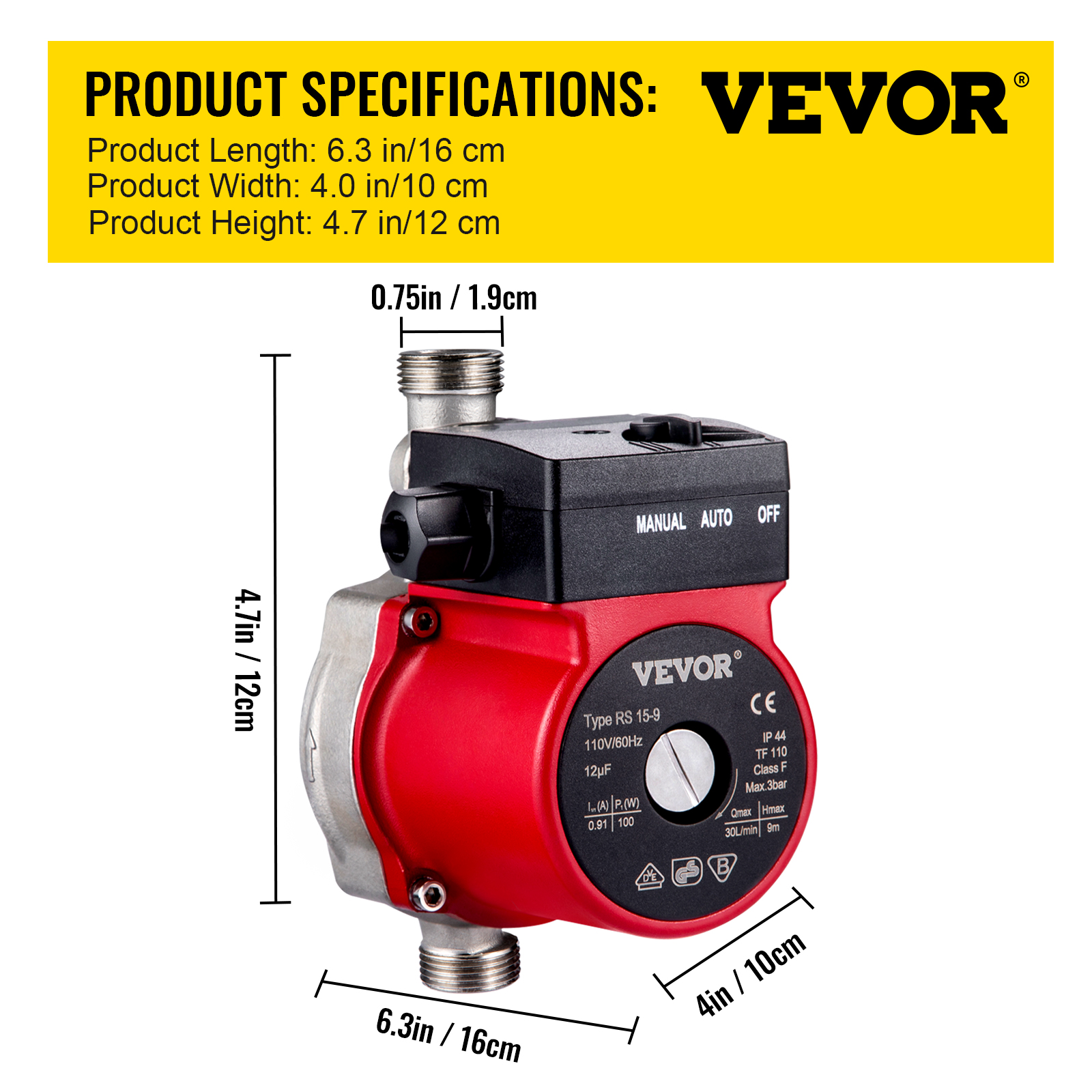 VEVOR Hot Water Circulation Pump Recirculating Pump 46-93/120/245W NPT 3/4" / 1"