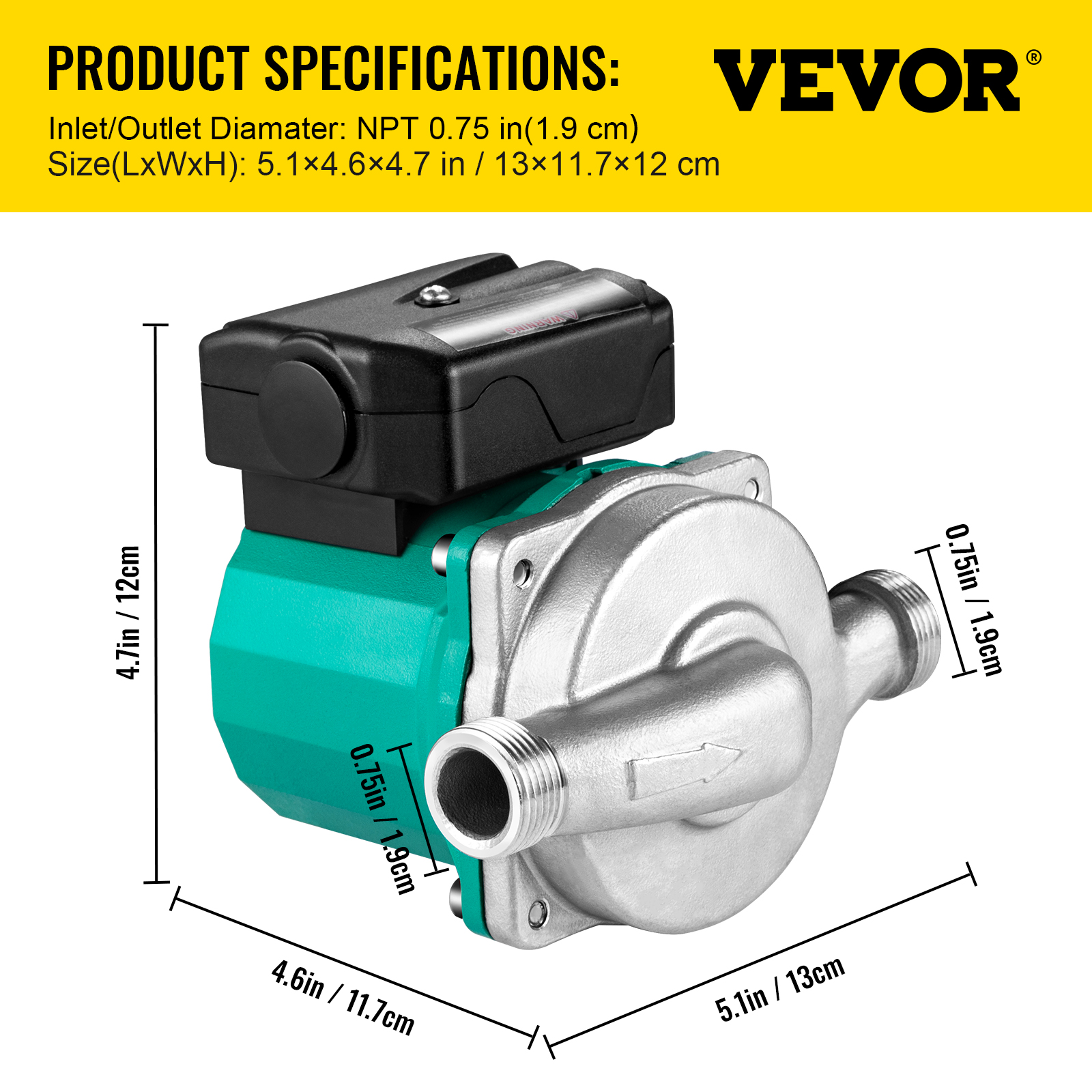 VEVOR Hot Water Circulation Pump Recirculating Pump 46-93/120/245W NPT 3/4" / 1"