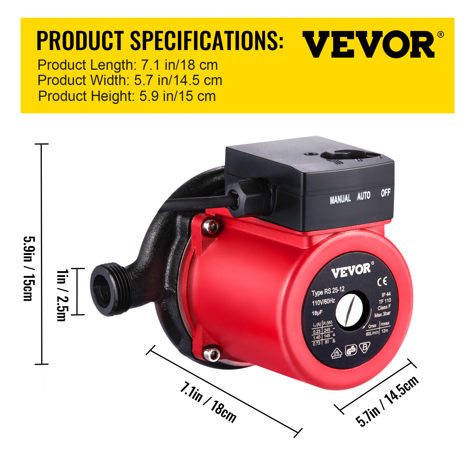 VEVOR Hot Water Circulation Pump Recirculating Pump 46-93/120/245W NPT 3/4" / 1"