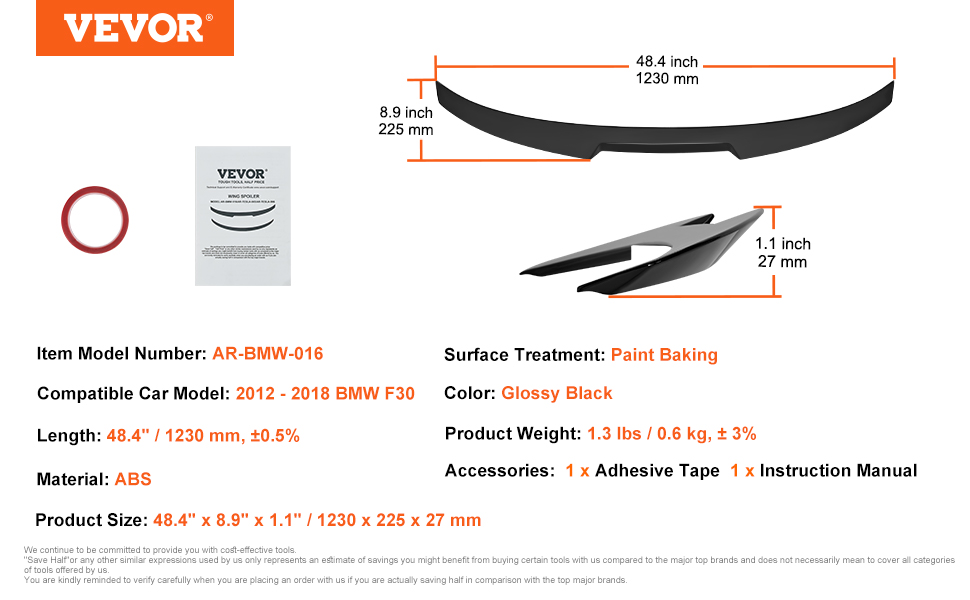 48 Inch Rear Spoiler VEVOR GT Wing Car Spoiler, 48.4 inch Spoiler, Compatible with 2012-2018 ...