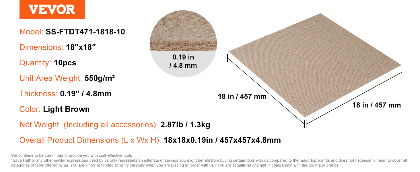 10pcs Carpet Tile,18” x 18”,Light Brown