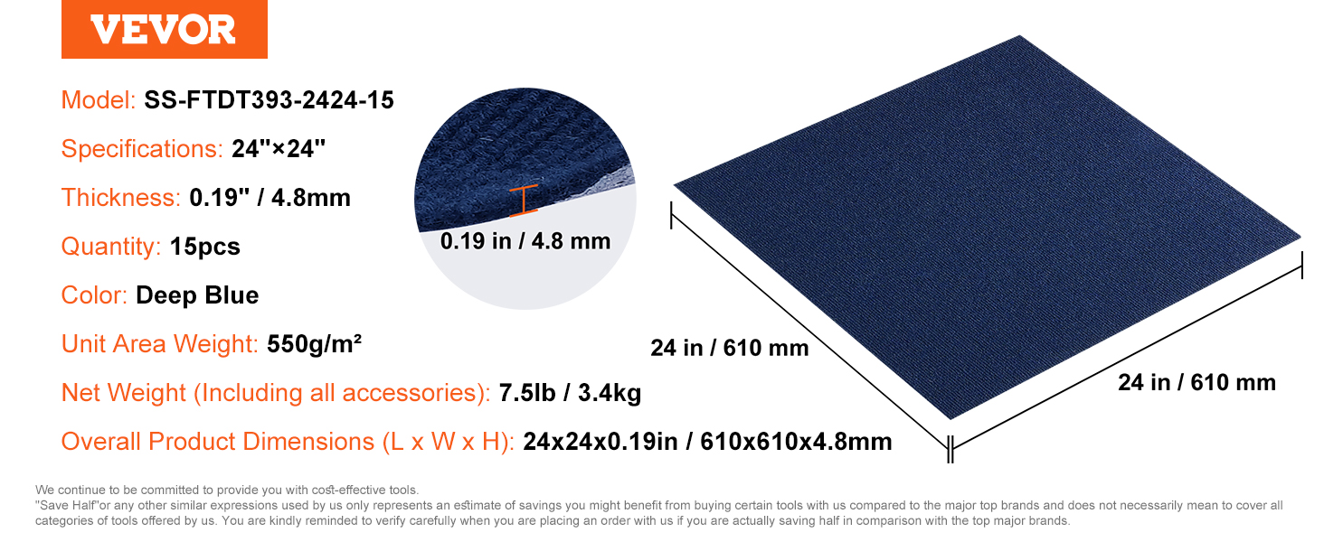 15pcs Carpet Tile,24” x 24”,Dark Blue