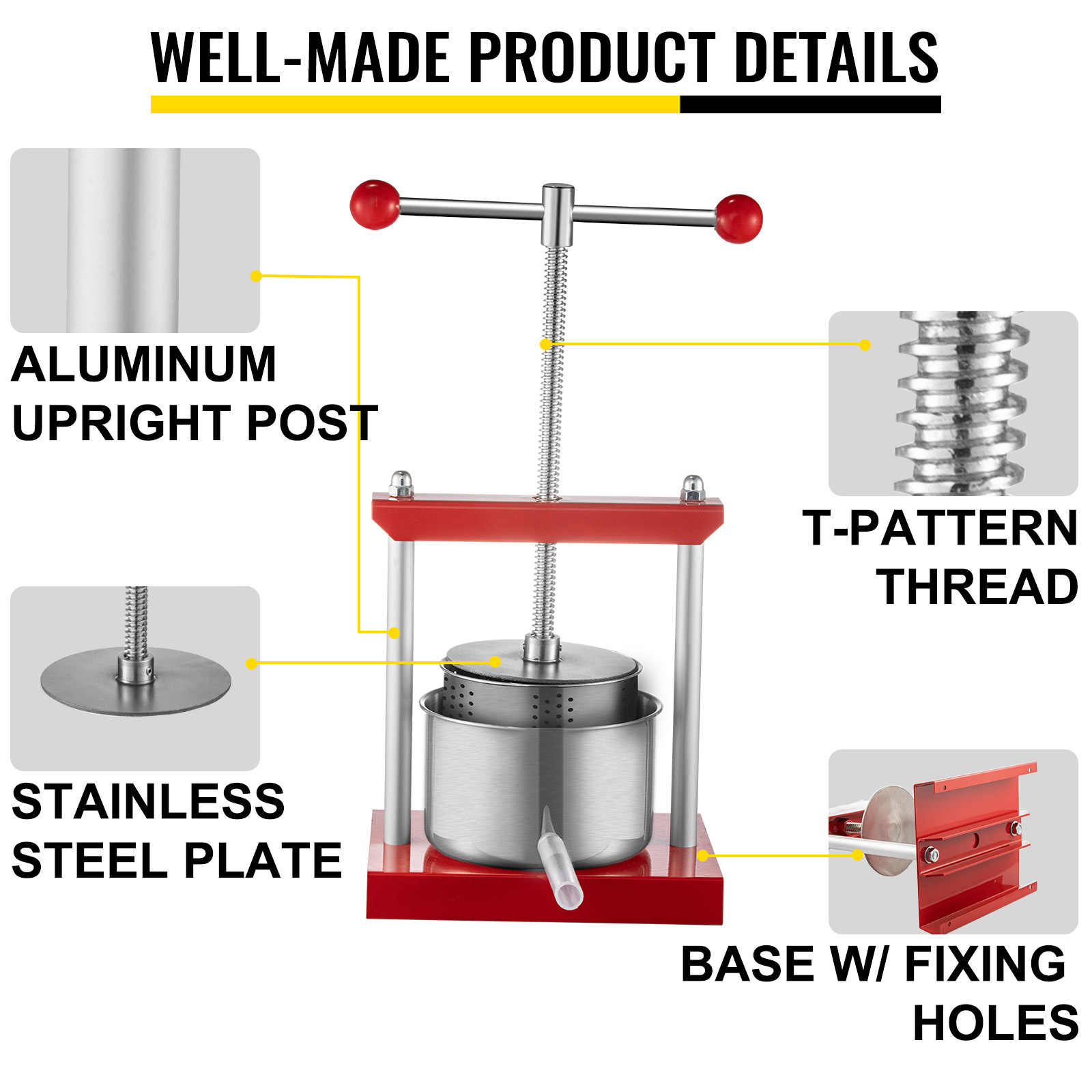 VEVOR Pressoir à Vin Manuel 3 L Pressoir à Fruit Raisin 320 x 300 x 370 mm  Presseur Extracteur de Jus Multifonction INOX pour Vinification et  Extraction Huile Olive Pressage Fromage Légumes à Maison