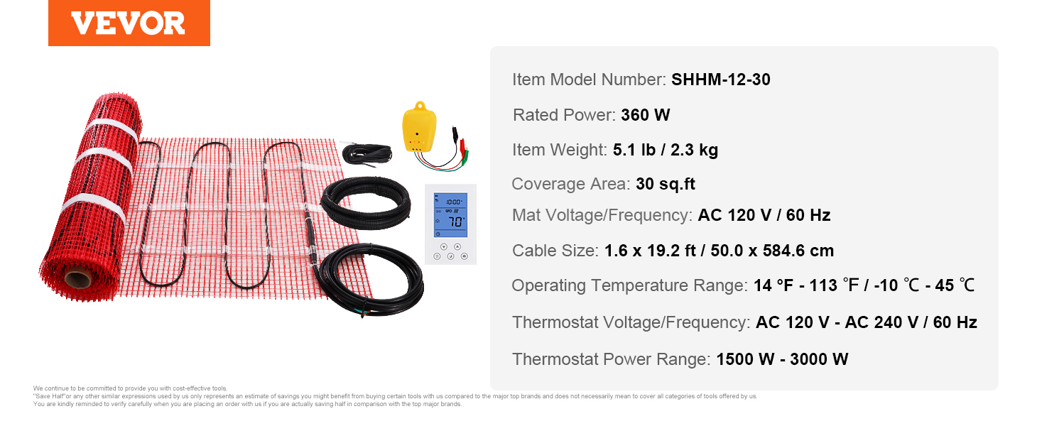 VEVOR Floor Heating Mat, 30 Sq.ft, Electric Radiant In-Floor Heated Warm System with Digital Floor Sensing Thermostat, Includes Installation Monitor, Adhesive Back for Easy Installation on The Floor