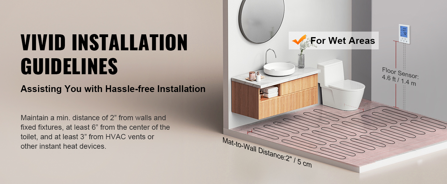 VEVOR Floor Heating Mat, 30 Sq.ft, Electric Radiant In-Floor Heated Warm System with Digital Floor Sensing Thermostat, Includes Installation Monitor, Adhesive Back for Easy Installation on The Floor