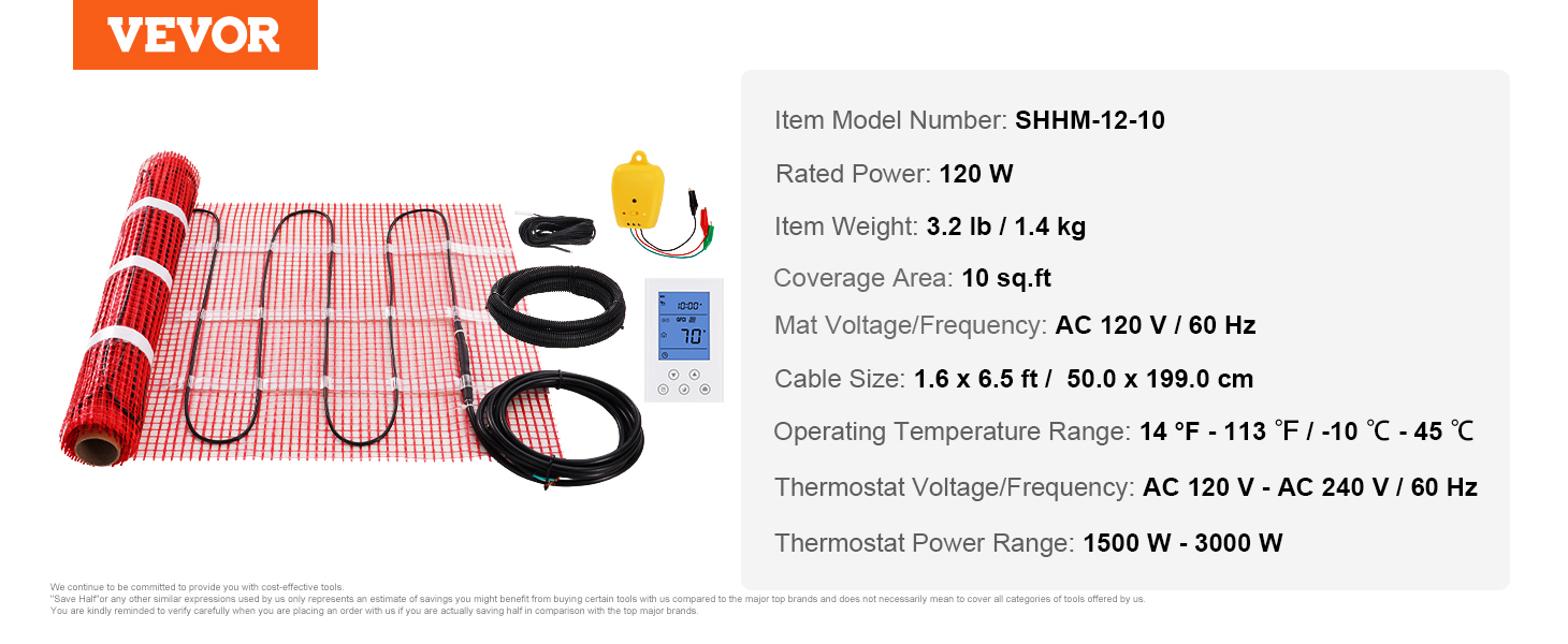 HeatTech - Kit de tapete de calefacción de suelo radiante eléctrico de 120  V de 10 pies cuadrados