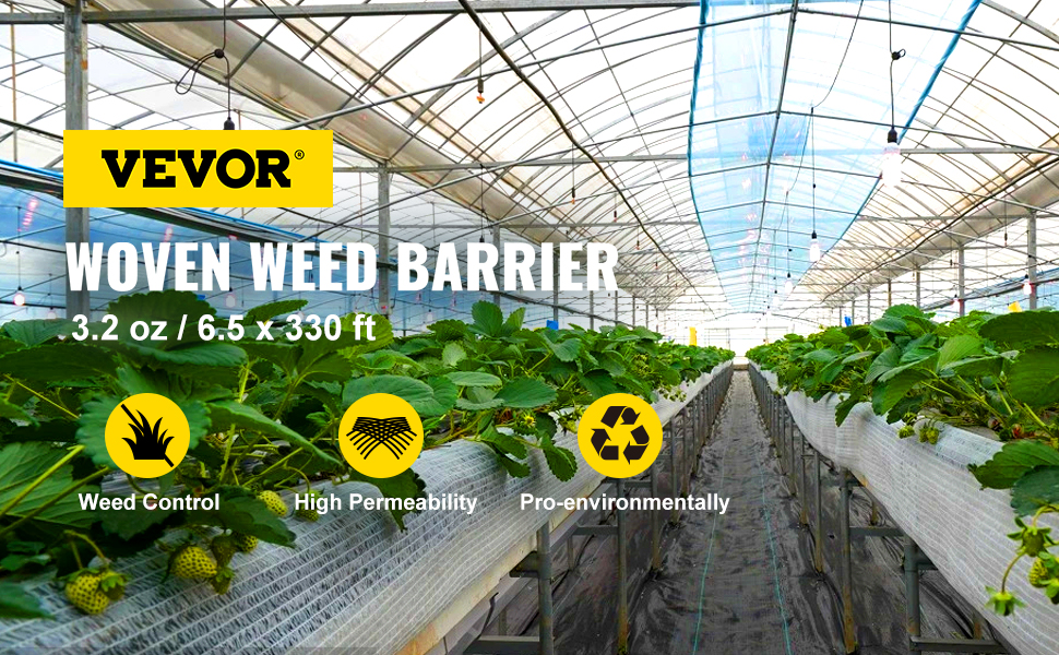 VEVOR 6.5FTx330FT Premium Weed Barrier Fabric Heavy Duty 3.2OZ, Woven Weed Control Fabric, High Permeability Good for Flower Bed, Geotextile Fabric for Underlayment, Polyethylene Ground Cover