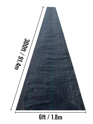 VEVOR weed barrier fabric, 30ft long and 6ft wide, black with green guide lines.